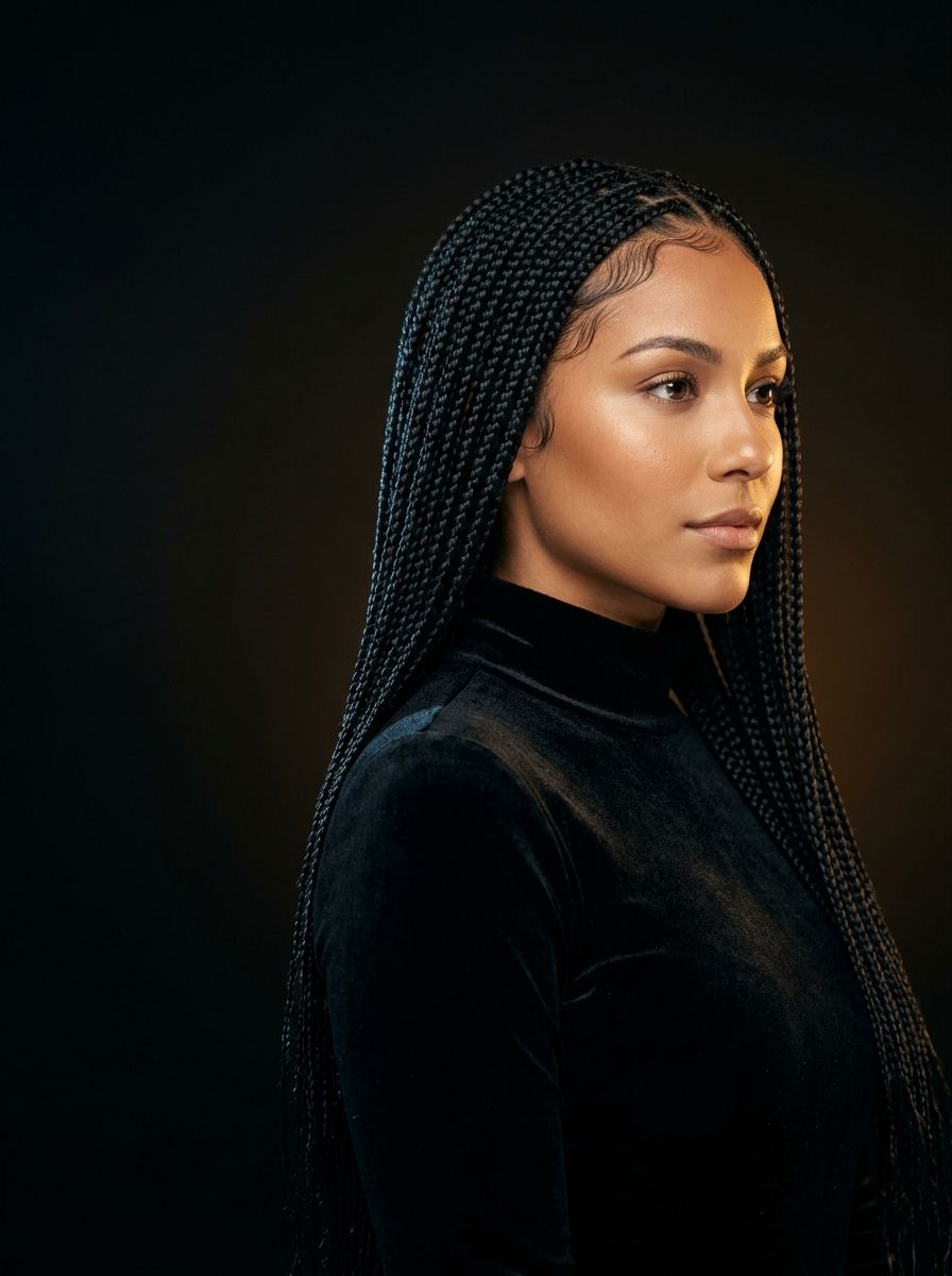 Model with long sleek knotless braids